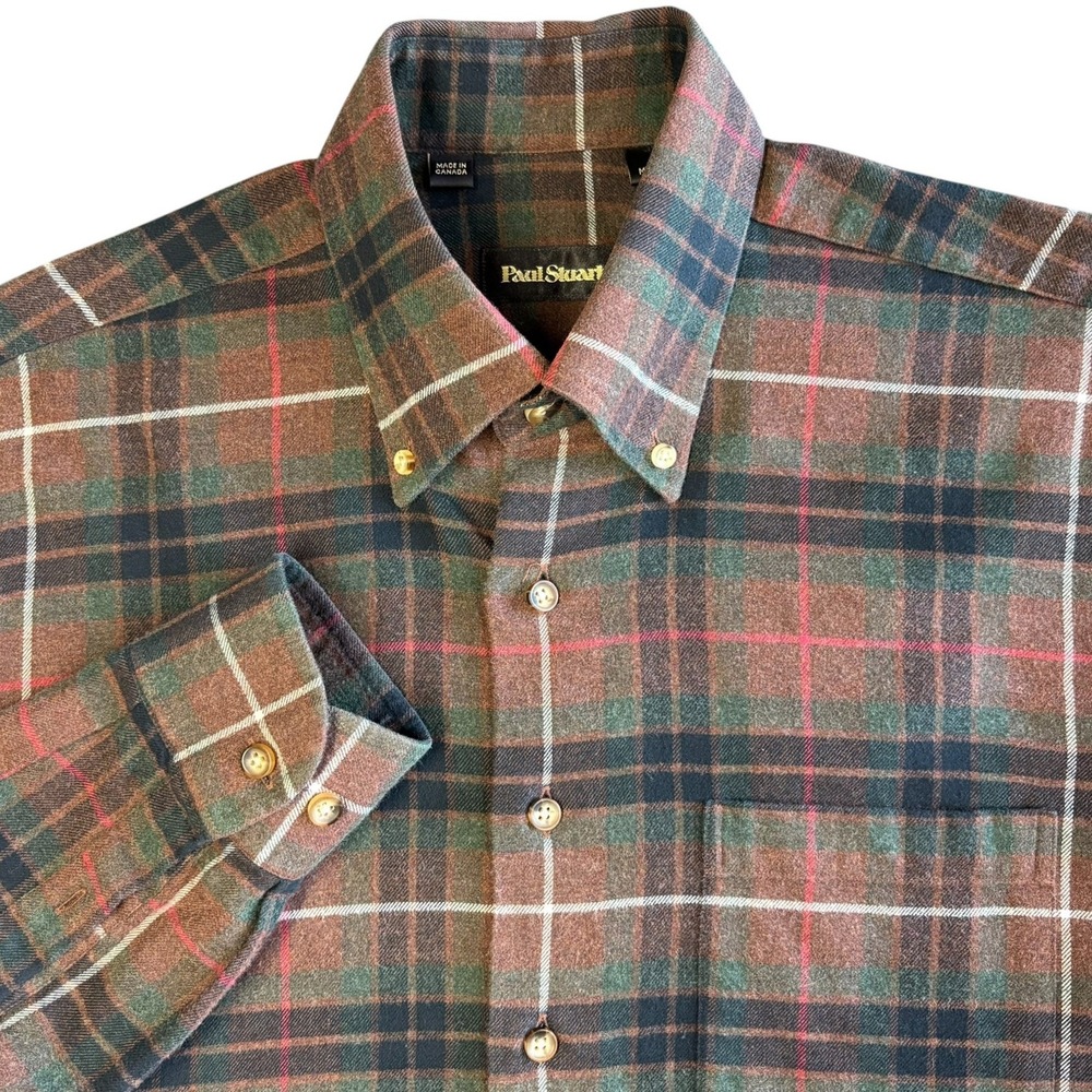 Paul Stuart Button Down‎ Flannel Shirt Mens M Green Brown Plaid Cotton Canada